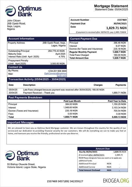 Modèle Word et PDF de relevé hypothécaire de la Nigeria Optimus Bank